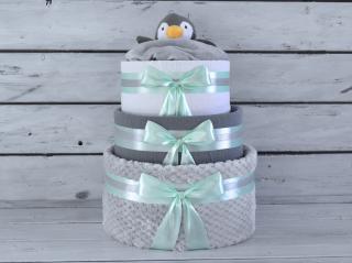 Třípatrový plenkový dort IV. zdobený šedým tučňákem usínáčkem Barva dortuNEdortu nebo vzor deky: Šedá deka, mint mašle, náplň pro holčičku, Velikost:…