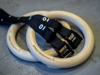 Hrubé dřevěné gymnastické kruhy GYM RINGS THICK s nastavitelným popruhem