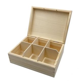 Dřevěná krabička s víkem na čaj s šesti přihrádkami, 16,6x21,5x8cm