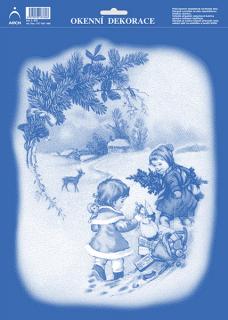 Okenní folie vánoční 25x35 - Děti se sáněmi