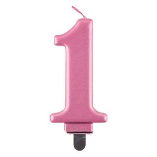 Svíčka dortová - číslice 1, metalická, růžová 8cm
