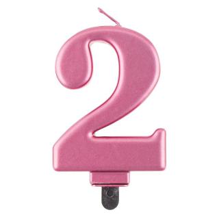 Svíčka dortová - číslice 2, metalická, růžová 8cm