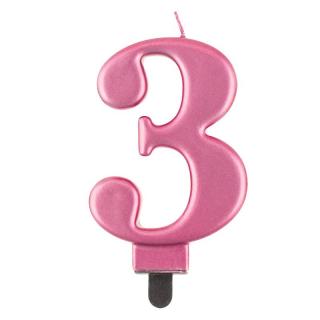 Svíčka dortová - číslice 3, metalická, růžová 8cm