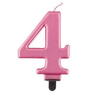 Svíčka dortová - číslice 4, metalická, růžová 8cm