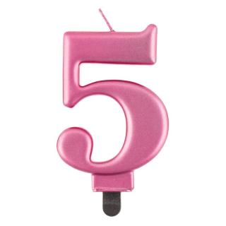Svíčka dortová - číslice 5, metalická, růžová 8cm