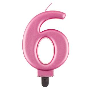 Svíčka dortová - číslice 6, metalická, růžová 8cm