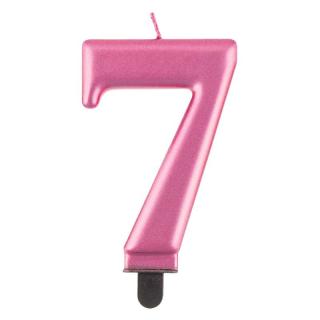 Svíčka dortová - číslice 7, metalická, růžová 8cm