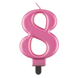 Svíčka dortová - číslice 8, metalická, růžová 8cm