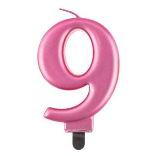 Svíčka dortová - číslice 9, metalická, růžová 8cm