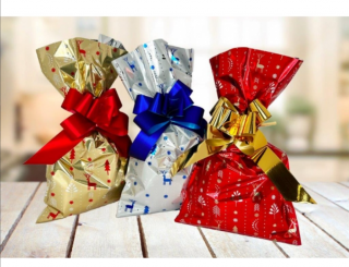 Vánoční sáček celofánový 25x40 cm, sobík - červená, zlatá,modrá