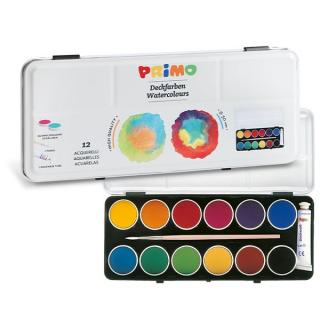 Vodové barvy PRIMO LUX, O 30mm, 12 barev + štětec + běloba, kovové víko