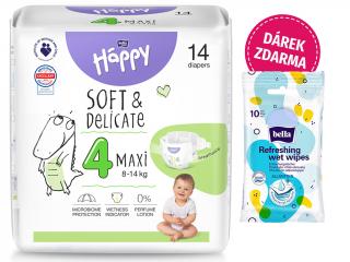 Bella Happy Soft & Delicate vel. 4 - 14 ks (8-14 kg)  + Bella antibakteriální osvěžující vlhčené ubrousky - 10 ks
