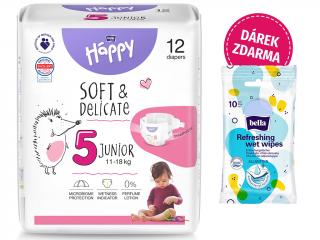 Bella Happy Soft & Delicate vel. 5 - 12 ks (11-18 kg)  + Bella antibakteriální osvěžující vlhčené ubrousky - 10 ks