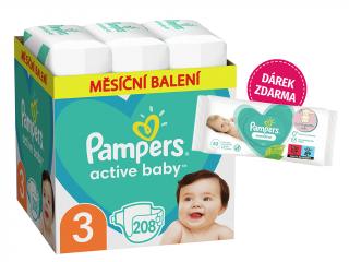 Pampers Active Baby vel. 3 - 208 ks (6-10 kg)  + Pampers Sensitive - 52 ks