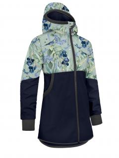 Unuo, Dívčí softshellový kabát s fleecem Street, Tm. Modročerná, Ptáčci s kosatci Velikost: 128/134