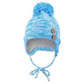 Čepice pletená zavazovací bambule a knoflíky Outlast ® - modrá melír Velikost: 2 | 39-41 cm