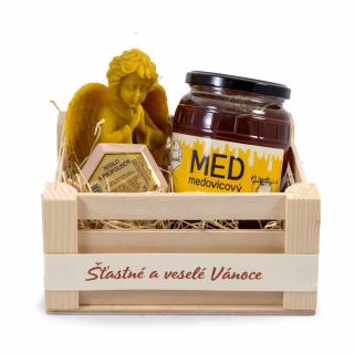 Dárková bedýnka s medem, svící a propolisovým mýdlem Druh medu: Med květový 950g, Nápis na pásce: Bez pásky
