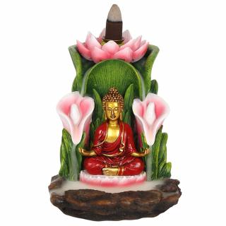 Mani Bhadra Stojan na vonné kužely Tekoucí dým Buddha a lotosové květy, 14 x 12 x 13,5 cm
