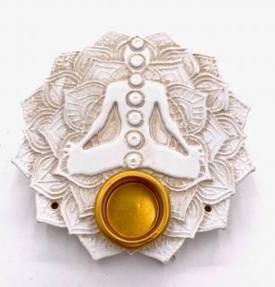 Mani Bhadra Stojánek na vonné tyčinky a kužely 7 Chakra Lotus (bílý), Ø 9 cm