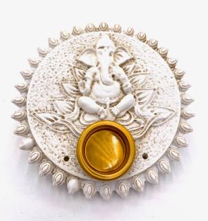 Mani Bhadra Stojánek na vonné tyčinky a kužely Ganesha (bílý), Ø 9 cm