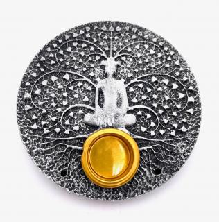 Mani Bhadra Stojánek na vonné tyčinky a kužely Tree of Life Meditace, (stříbrný), Ø 9 cm