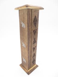 Mani Bhadra Stojánek na vonné tyčinky dřevěný Věž ANTIQUE s vyobrazením slonů, 30 x 6 cm