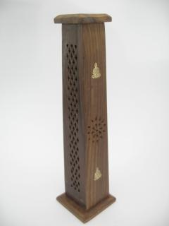 Mani Bhadra Stojánek na vonné tyčinky dřevěný Věž se symbolem Buddha, 30 x 6 cm