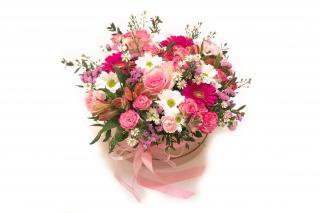 Květinový box z alstromérií, chrysantém, růží a germin Velikost: M