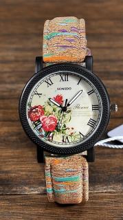 kožené unisex Wood hodinky - 2 motivy Motiv: Červené květiny, hnědá barva s barevnými pruhy na náramku