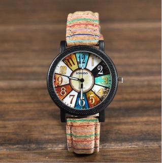 kožené unisex Wood hodinky - 2 motivy Motiv: Rovné ručičky, hnědá barva s barevnými pruhy na náramku