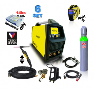 GeniTig® 210DC LCD s 4 m hořákem, kuklou, a red.ventilem, vozíkem, lahví 8l Ar  + rukavice TIG ZDARMA