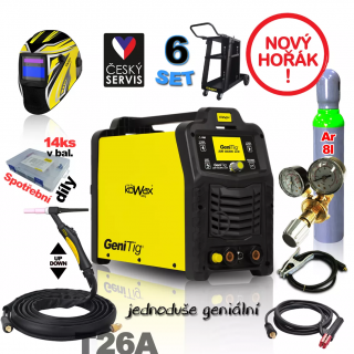 Svařovací invertor GeniTig® 220AC/DC - LCD PULZ, SYN, HF - TIG/MMA vč.3m kabelů, svorky, a drž.el. + hořák TIG26-4m UP/DOWN + kukla + vozík + lahev,…