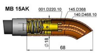 Vyhnutá hubice a průvlaky pro hořáky MB 15AK (150A) průnik: kontramatice M6, výrobce: BINZEL