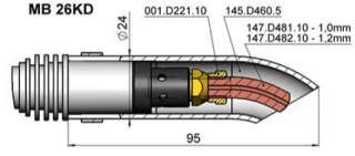 Vyhnutá hubice a průvlaky pro hořáky MB 26KD (270A) průnik: průvlak 1,0mm CuCrZr/M8, výrobce: BINZEL