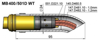 Vyhnutá hubice a průvlaky pro hořáky MB 401/501D (450/550A) průnik: kontramatice M8, výrobce: BINZEL