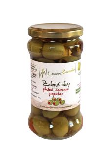 Zelené olivy plěné červenou paprikou, 145 g