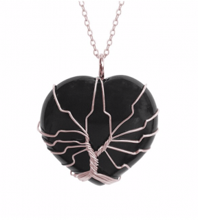 Náhrdelník srdce a strom života - černý obsidián