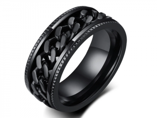 Černý prsten z chirurgické oceli s řetězem- černý SR201 Velikost: 10