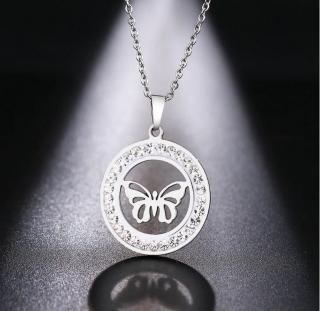 Dámský náhrdelník s přívěskem motýla z chirurgické oceli a zirkony PN186 Barva: Stříbrná