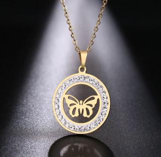 Dámský náhrdelník s přívěskem motýla z chirurgické oceli a zirkony PN186 Barva: Zlatá