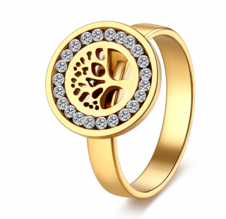 Dámský prsten z chirurgické oceli- Strom života se zirkony- zlatý SR000036 Velikost: 11
