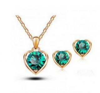 Srdíčkový set šperků se zirkony z rhodiované bižuterie- gold CS000077 Barva: Zelená