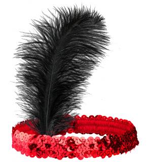 Červená flitrová čelenka s pírkem