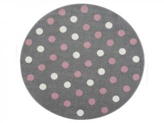 Dětský koberec kulatý - stříbrnošedý s puntíky barva: stříbrnošedá-růžová, rozměr: 133 cm