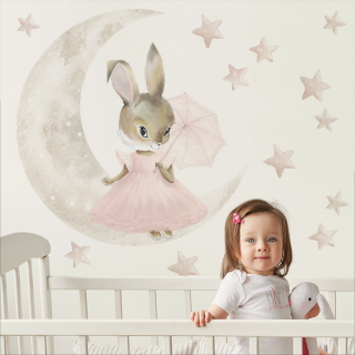 Nálepka na stěnu - Králičí holčička na měsíčku