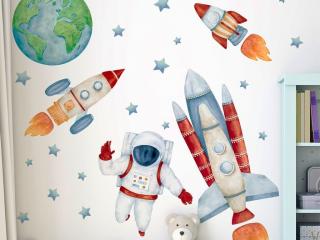 Nálepka na zeď - Astronaut a rakety ve vesmíru