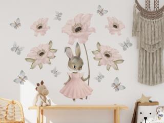 Nálepka na zeď - Králičí holčička s květy a motýly