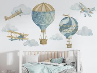 Nálepka na zeď - Retro - Sada s balóny a letadly