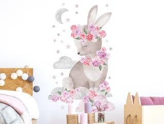 Nálepka na zeď - zvířátka - králík s růžemi barva: růžová
