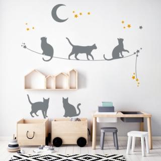 Nástěnná samolepka - stínové obrázky - kočky na laně barva doplňky: lila, barva kočky: lila